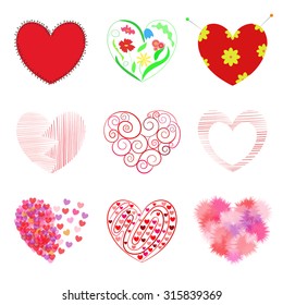 Set of hearts: includes stitched heart, ornament in the shape of a heart, heart pattern from plants. Vector illustration