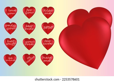 Set of hearts with inscriptions. Concept for valentine's day, birthday, mother's day, women's day. Universal holiday background. Vector image