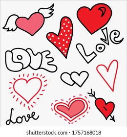 Set of hearts and inscriptions love for Valentine's Day.