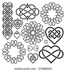 Set Hearts Intertwined in Celtic Knot. Twelve Items