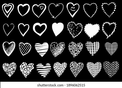 Set of hearts isolated on a black background. White hearts with hand drawn. Icons are made of line and texture. Symbol of love and health. Design elements for Valentine's Day. Vector.