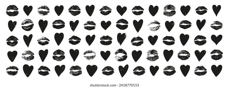 Set of hearts and kiss marks, black silhouettes. Symbols of Valentine's Day. Love, romantic, and beauty themes. Vector illustration