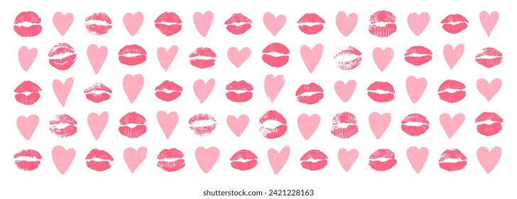 Set of hearts and kiss marks in pink colors. Symbols of Valentine's Day. Love, romantic, and beauty themes. Vector illustration