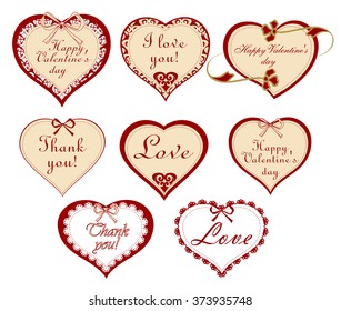 Set of hearts with a lace pattern and the text. Hearts vector cards with bows for congratulations or greetings.