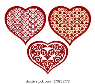 Set of hearts with a lace pattern. Hearts vector cards with bows for congratulations or greetings.