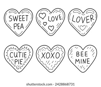 Set of hearts with lettering doodle. Love message. Hand drawn vector illustration.