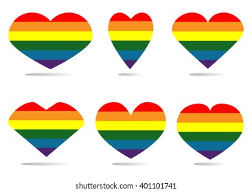 Set the hearts of LGBT flag with shadow. Six separate elements on a white background.