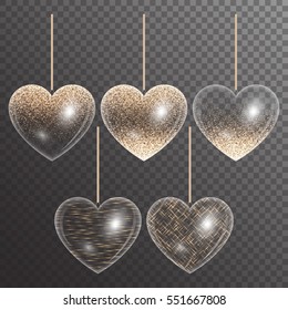 Set hearts with light effects and golden highlights for wedding design on a transparent background. Shine bright vector
