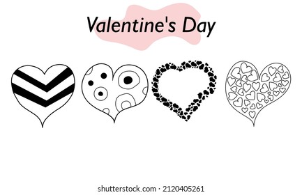A set of hearts in a linear design. A symbol of love and a Valentine Day holiday. Vector illustration.
