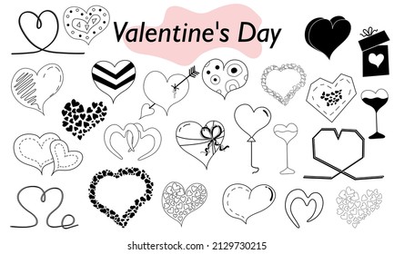 Un conjunto de corazones en un diseño lineal. Un símbolo de amor y una fiesta de San Valentín. Ilustración vectorial.