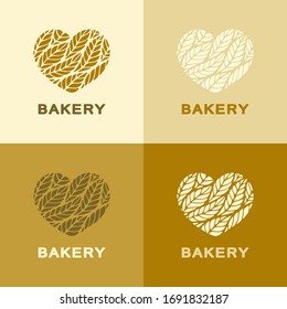 Set of hearts logos with leaves (ears) in yellow, brown, beige colors. Icon, sign, symbol, brand identity for agriculture, flour products, organic, natural healthy food, bakery, grocery or bread shop.