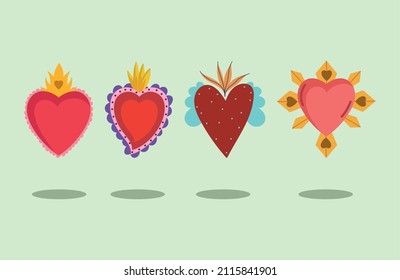 set hearts love with crown and flame