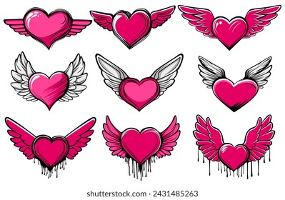 set hearts love pink with wing. valentine symbol design vector illustration