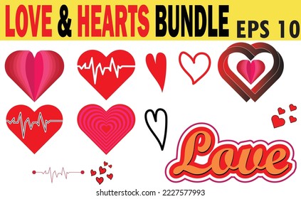 Conjunto de Corazones con texto de amor. Diferentes estilos de corazones. latido cardíaco, dibujado a mano y corazones geométricos.