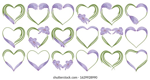 Set of hearts made of flowers. Romantic vector heart made of purple crocuses and grass. For various design, print, for cards, valentines, for love messages. To the day of St. Valentine.