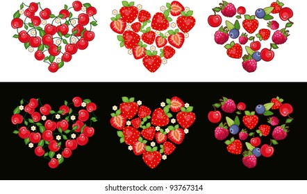 Set of hearts made of fruit and berries on a white and black background