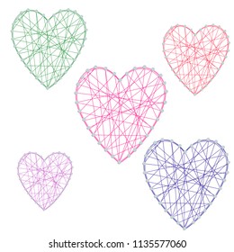 set of hearts made of lines, on a white background