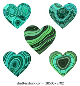 Conjunto de corazones hechos de piedra malaquita. Ilustración vectorial para cualquier diseño.