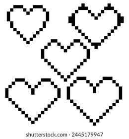 A set of hearts made of pixels. A set of retro ison pixel hearts. Vintage love symbol, 8-bit vector illustration for a computer game. The life contour button