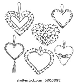 Set from the hearts made of tapes and textiles.Vector illustration.The drawing made by hand and devoted to St. Valentine's Day.