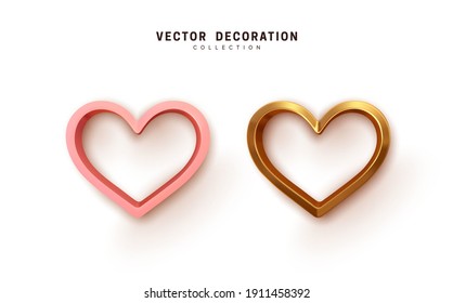 Set of hearts Metallic pink and gold color. Collection Realistic Hearts Love symbol icon. Decorative 3d render object. Celebration decor. Element for romantic design. Vector illustration