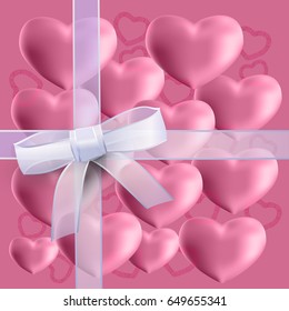 Set of hearts on a pink background with transparent ribbon. Valentine's Day Symbol. Happy love. Vector illustration