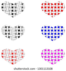 Set of hearts on a white background, fabric vector structure of the heart, multicolored hearts.