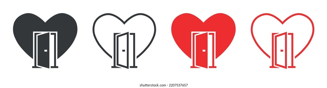 Herzensset mit offener Tür. Vertrauen Symbol, offenes Gefühl, Liebe, Pflege und Familie. Neue Gefühle, Hilfe, Vektorgrafik.
