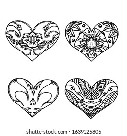 Set of hearts ornamental pattern with style mandalas. 