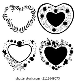 A set of hearts. Ornaments of black Silhouettes. Flowers drawn in the shape of a heart. The frame is a heart. Floral pattern on the border of the heart.