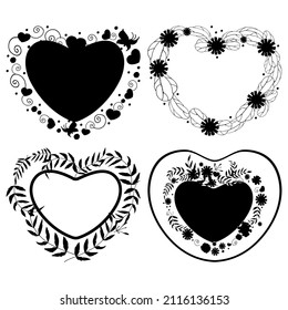 A set of hearts. Ornaments of black silhouettes. Flowers drawn in the shape of a heart. The frame is the heart. Floral pattern on the edge of the heart.For key chains and mugs.Digital mask