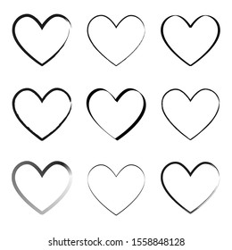 Set of hearts painted with brushes and black paint. Vector.