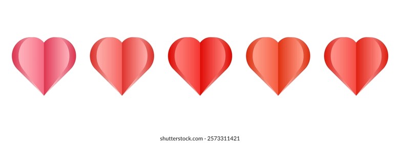 Set of hearts in paper cut red color, vector objects isolated on white background. Valentine's Day and 14 February design