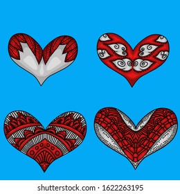 Set of hearts pattern with style mandalas on blue background. 