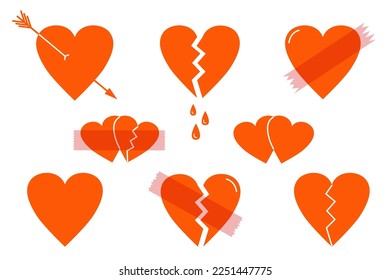 Set of hearts, pierced by arrow, broken, taped. Vector illustration of strips of transparent adhesive tape with torn edges. Icons of symbol of love.