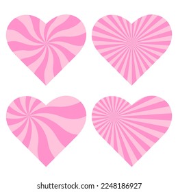 Set hearts. Pink candy Heart swirl rays on white background.Love Concept. Happy valentines day, women day holiday, dating invitation, wedding or marriage greeting card design. Vector romantic.