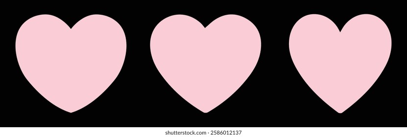 Set of hearts in pink color with black background, pink heart icons set. Set of 3 hearts of different shapes for web. Heart collection. Vector symbols.