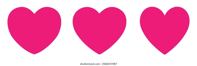 Set of hearts in pink color with black background, pink heart icons set. Set of 3 hearts of different shapes for web. Heart collection. Vector symbols, heart.