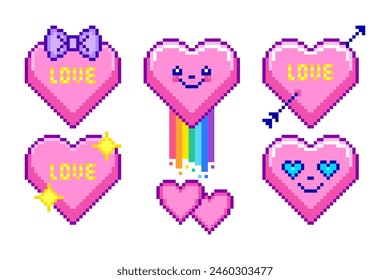Set of hearts in pixel art style on white background.