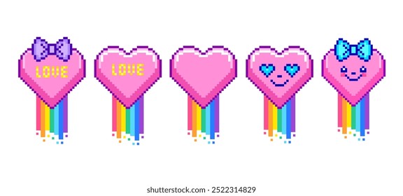 Conjunto de corações no estilo pixel art em fundo branco.