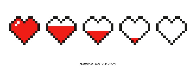 Set Of Hearts Pixel Icon.Pixel game life bar. Vector Illustration