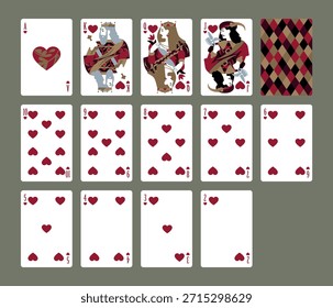 Set of Hearts playing cards and their back design in a minimalist flat style. Vector illustration