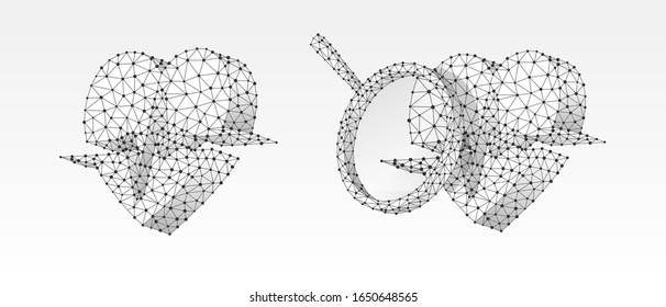 Conjunto de Corazones con líneas de impulsos y lupa. Concepto tecnológico de salud, control cardiovascular. Ilustración vectorial 3d de marco alambrado y poste bajo. Imagen policonal abstracta sobre fondo de origami blanco