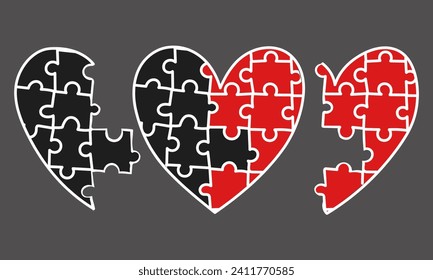 Set of hearts, a puzzle, to collect a puzzle. Icons or symbols highlighted on a white background. Love, romance and relationships. Valentine's Day, picking up the pieces of love. halves of the puzzle