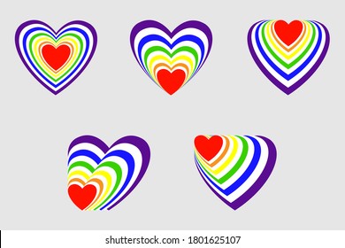 Set of Hearts from rainbow stripes. Pride LGBT. Concept love symbol. Color rainbow flag. Flat design signs isolated on light background