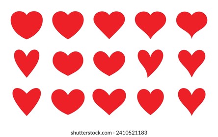 Set of hearts in red color, Red heart icons set vector, Set of 15 hearts of different shapes for web. Heart collection. Vector Art