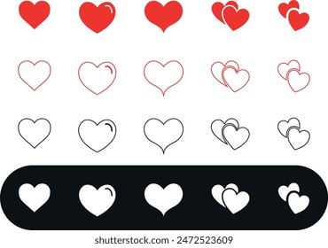 Set of hearts in red color, Red heart icons set vector, Set of 20 hearts of different shapes for web. Heart collection. Vector Art. Lovey heart black logo stroke and fill