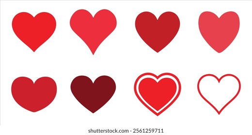 Set of hearts in red color, Red heart icons set vector, Set of 8 hearts of different shapes for web. Heart collection. Vector Art