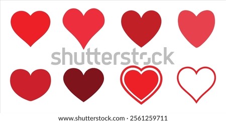Set of hearts in red color, Red heart icons set vector, Set of 8 hearts of different shapes for web. Heart collection. Vector Art