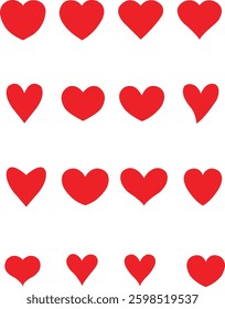 Set of hearts in red color vector design, Red heart icons set vector, Set of 16 hearts of different shapes for web. Heart collection. Vector Art illustrations.